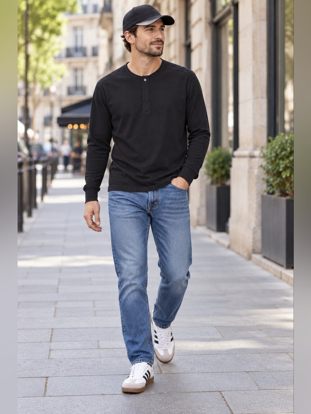 Zara Long Sleeve Henley Shirt in Black Minimalist Casual Contemporary Men's M